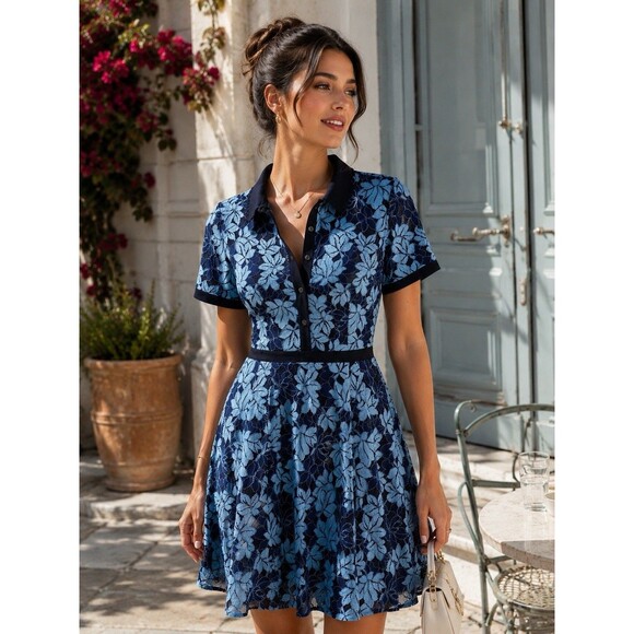 Draper James Dresses & Skirts - Draper James Floral Lace Dress Blue‎ Fit & Flare Collared Preppy Womens 6